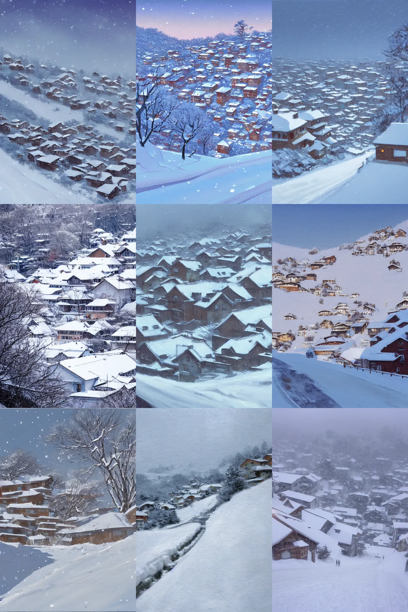 Prompt: steep narrow snow - covered hill, low angle, with several houses with snow - covered roofs and a steep snow - covered road, pure white hazy overcast sky, view up from the foot of the hill, shallow perspective, by makoto shinkai