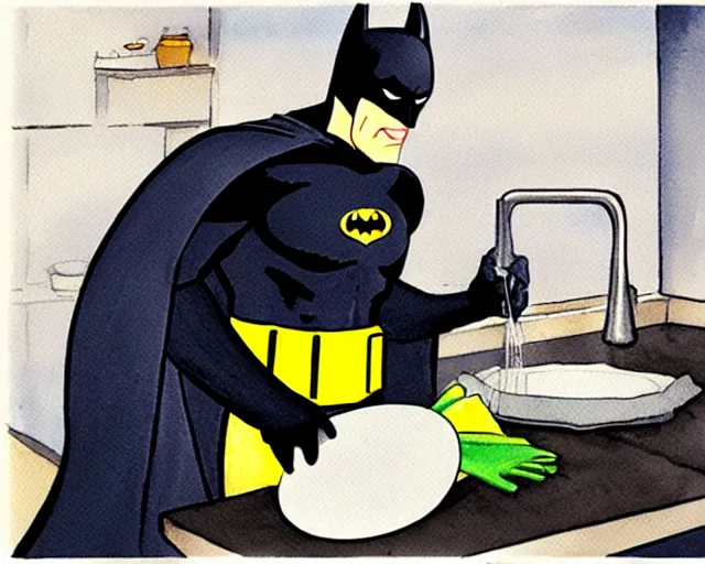 Prompt: Batman washing dishes, bright and cheery watercolor