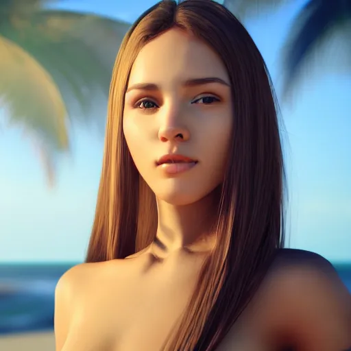 Image similar to real life photo of a beautiful girl, full body photoshoot, long brown hair, brown eyes, full round face, short smile, belly free, thin long sleeved, beach setting, cinematic lightning, medium shot, mid - shot, highly detailed, trending on artstation, unreal engine 4 k, 8 0 mm, 8 5 mm, cinematic wallpaper