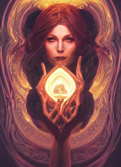 Image similar to book cover, front portrait, dark witch with black hood and evil eyes, realism, soft, smooth, luminescent, art nouveau tarot, backlit glow, colorful swirly ripples, gaudy colors, aesthetic octane render, unreal engine, 8 k, by artgerm, greg rutkowski, alphonse mucha