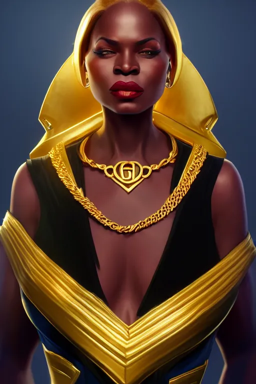 Prompt: portrait of black super woman, velvet gown, highly detailed and rendered gold jewelry, digital art, intricate, sharp focus, trending on artstation, hq, unreal engine 5, 4 k uhd image, by brom, artgerm, face by otto schmidt