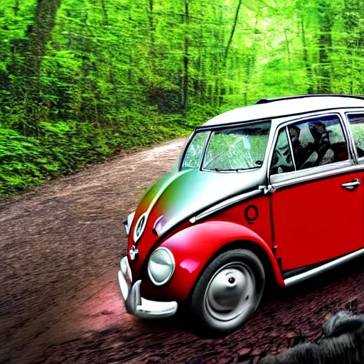 Image similar to promotional scifi - mystery movie scene of a real ladybug that is a hybrid with a ( volkswagen beatle ) hybrid, flying down a dusty back - road in smokey mountains tennessee. cinematic, 4 k, imax, 7 0 mm, muted dramtic color, hdr