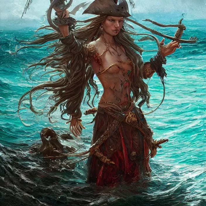 sea witch pirate casting a spell in the water, d & d