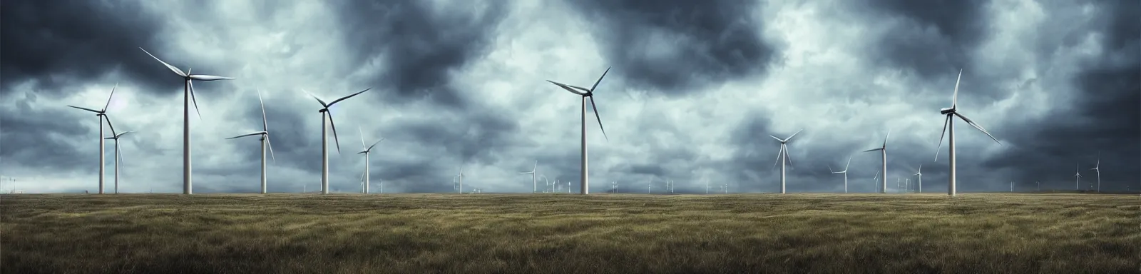 Image similar to Stormy sky with the lightings in the clouds, blueshift render, pipes, a wind turbine in the background, depth of field, concept art, Full HD, 1128x191 resolution