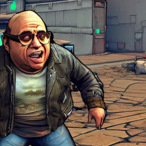 Image similar to a screenshot of danny devito in the video game borderlands 2. 3 d rendering, unreal engine. amazing likeness. very detailed. cartoon caricature