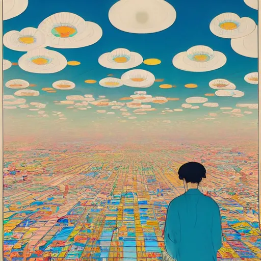 Image similar to a man walking on clouds away from the camera above kyoto by takashi murakami, beeple and james jean, aya takano color style, 4 k, super detailed, modern, 4 k, symmetrical