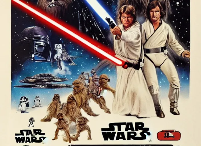 Image similar to vintage 1 9 7 7 star wars episode iv a new hope movie poster, with pugs instead of people