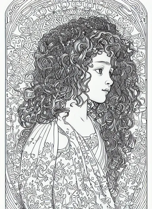 Image similar to clean simple line art of a little girl with wavy curly hair and a blank background. well composed, clean coloring book page, beautiful detailed face. coloring book line art by greg rutkowski and johanna basford and alphonse mucha