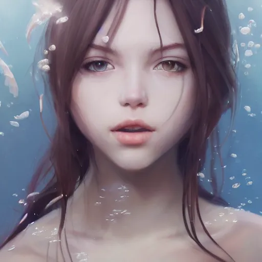 Prompt: painting by krenz cushart!!, portrait of a beautiful girl as a frog submerged in water, taken underwater, finely detailed features, backlit, rule of thirds, intricate brush strokes, beautiful realistic lighting, trending on pixiv fanbox artstation.