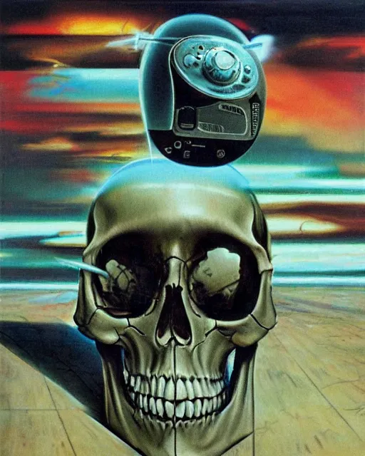 Prompt: a skull observing 8 0 s era technology, vintage shapes, retro technology, vintage color, wayne barlow, oil on canvas, deep depth of field, masterpiece, cinematic composition, hyperdetailed