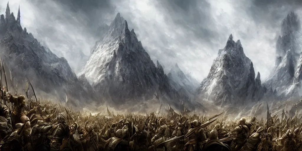 Prompt: epic middle earth battlefield painting, matte painting, trending on artstation
