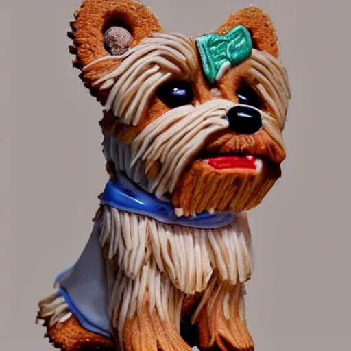 Prompt: a cute yorkshire terrier made entirely out of cookies, sitting on a bakery countertop, detailed, trending on artstation