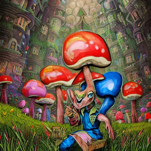 Image similar to 4 k headshot portrait of a psychedelic demonic anthropomorphic bunny rabbit with mushroom themed clothes, magic mushroom village in background by jeff easley, award winning, stylized neon, post - processing, masterpiece, superb resolution. in the art style of junji ito and greg rutkowski. detailed mushroom city in background. hyper realistic anime. perfect art. dalle 2