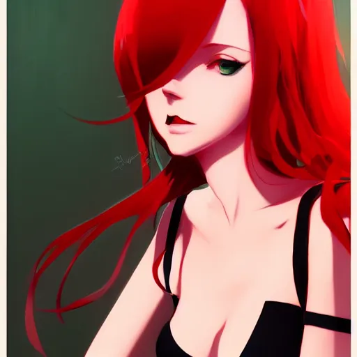 Image similar to elegent girl with red hair and green eyes, wearing a camisole, red and black color palette, in the style of and ilya kuvshinov and greg rutkowski, high quality anime artstyle, intricate