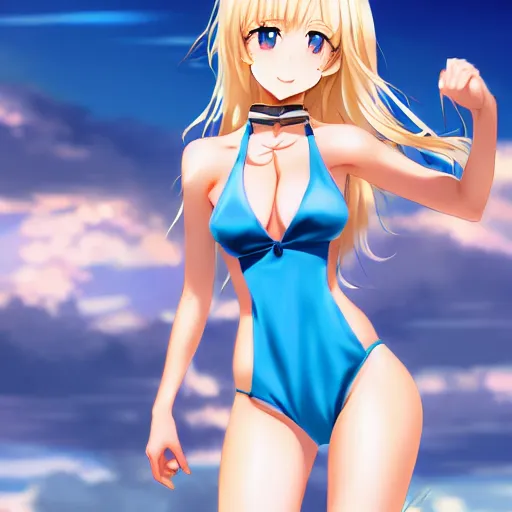 Prompt: a very beautiful young anime giantess with her tiny dad, full body, long wavy blond hair, sky blue eyes, full round face, evil grin, bikini, miniskirt, front view, mid - shot, highly detailed, cinematic wallpaper by stanley artgerm lau