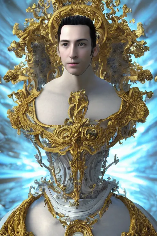 Image similar to full-body baroque and space age style sculpture of a young handsome Spanish android prince with a chest exposing a large glowing blue diamond, glowing yellow laser eyes, crown of white gears and diamonds, swirling green-colored silk fabric, baroque elements. full-length view. intricate artwork by caravaggio. Trending on artstation, octane render, cinematic lighting from the right, hyper realism, octane render, 8k, depth of field, 3D