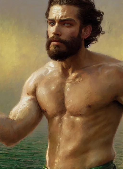 Image similar to detailed cinematic wide shot of muscular attractive young aztec man beard slim face symmetrical face tanskin green eyes white hair wearing sea clothes, ultra realistic, spring light, painting by gaston bussiere, craig mullins, j. c. leyendecker