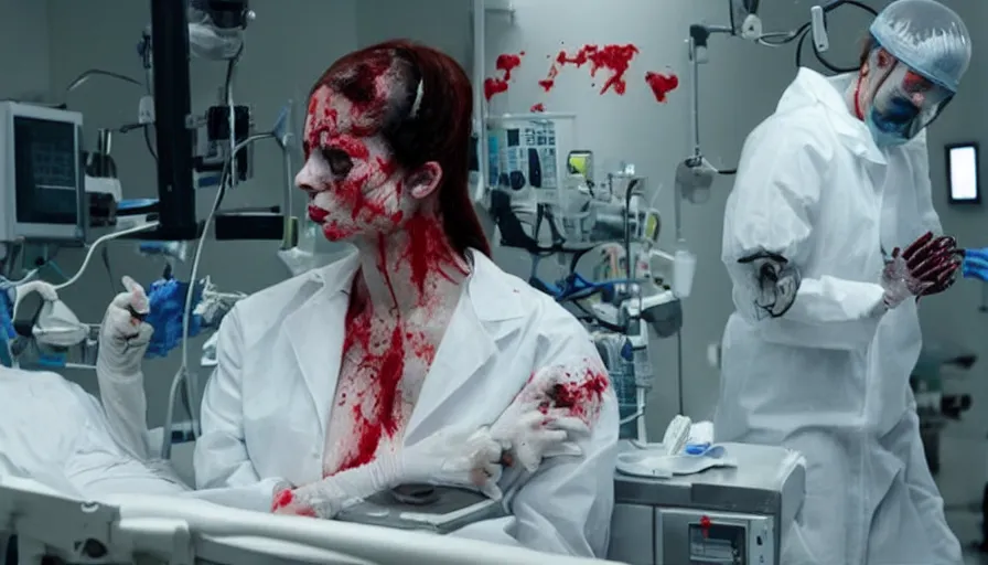 Prompt: big budget horror movie about cyborgs performing illegal organ transplants. This scene is where the beautiful female scientist first finds out about the blood splattered medical labs, as the cyborgs approach her.