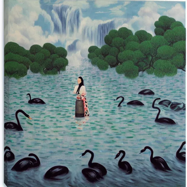 Image similar to painting of flood waters, zen, a tall catgirl art student, a river flooding inside, art supplies, pigs, ikebana, water, river, rapids, waterfall, black swans, canoe, pomegranate, berries dripping, acrylic on canvas, surrealist, by magritte and monet