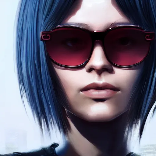 Prompt: a closeup portrait of a young young woman as a cyberpunk protagonist, shag cut hairstyle, sunglasses implants, cyborg, dramatic light, city background, megacity, sunset, high contrast, sharp, painted by stanley lau, painted by greg rutkowski, painted by stanley artgerm, digital art, trending on artstation