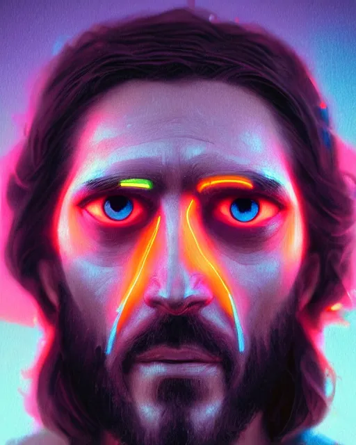 Image similar to portrait of jesus with neon cute giant eyes, intricate abstract. intricate artwork, by tooth wu, wlop, beeple, dan mumford. concept art, octane render, trending on artstation, greg rutkowski very coherent symmetrical artwork. cinematic, key art, hyper realism, high detail, octane render, 8 k, iridescent accents