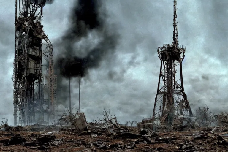 Image similar to An apocalyptic scene of A nestle oil derrick destroyed after the alien invasion, 70mm Imax, Cinematic, Film Still, Directed by Michael bay