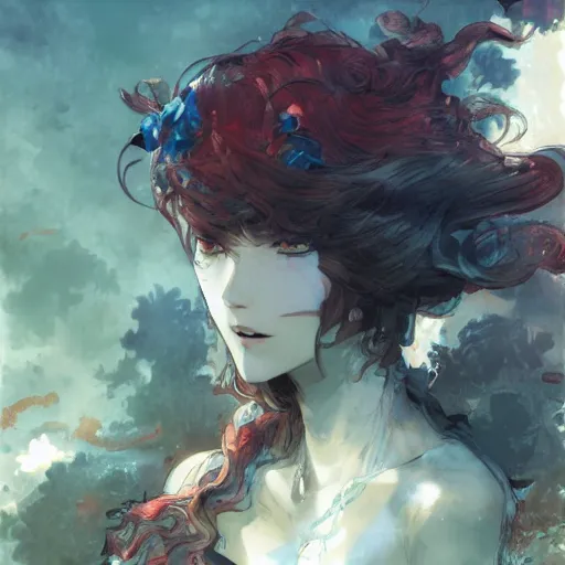 Prompt: woman, color page, tankoban, 4 k, tone mapping, akihiko yoshida, james jean andrei riabovitchev marc simonetti, yoshitaka amano, long hair, curly, h. hydrochaeri