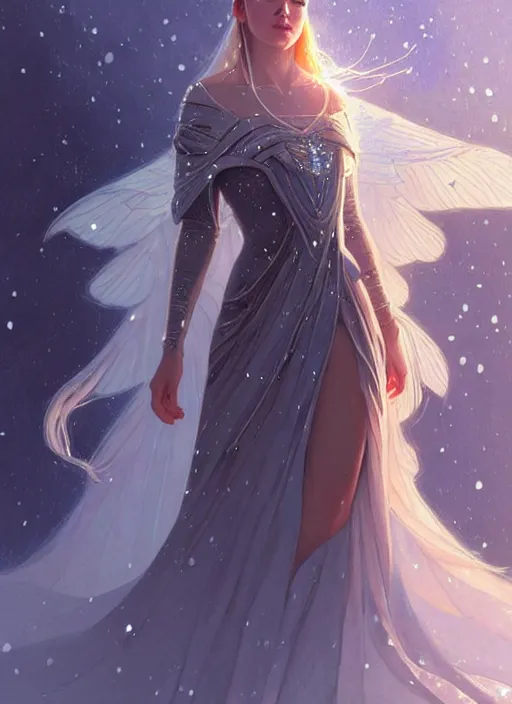 Image similar to a beautiful cinematic female winter goddess, cristal dress, ice wing, galatic shamen with quantum energy fantasy, fantasy magic, undercut hairstyle, dark light night, intricate, elegant, sharp focus, illustration, highly detailed, digital painting, concept art, matte, art by wlop and artgerm and greg rutkowski and alphonse mucha, masterpiece