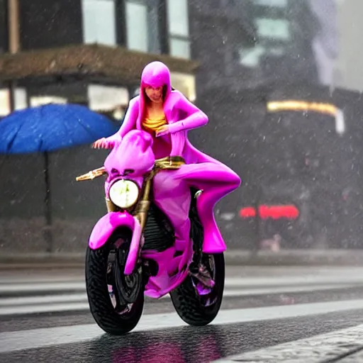 Image similar to hyper realistic, photo, humanoid pink female Squid girl, popping motorcycle wheelie on fast in the rainy city traffic