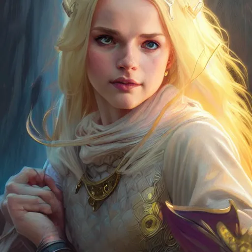 Image similar to an epic fantasy comic book style portrait painting of a young blonde girl thief, d & d, fantasy, joyful smirk, intricate, elegant, digital painting, artstation, concept art, matte, sharp focus, illustration, art by artgerm and greg rutkowski and alphonse mucha