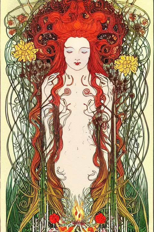 Prompt: realistic face of nature goddess with red hair with flowers and flames growing around, flower frame, imbolc, st brigid, spring, detailed art by kay nielsen and walter crane, illustration style, watercolor