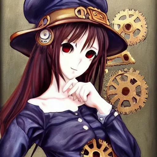 Prompt: cute anime woman in steampunk clothing doing a cute pose. oil painting masterwork