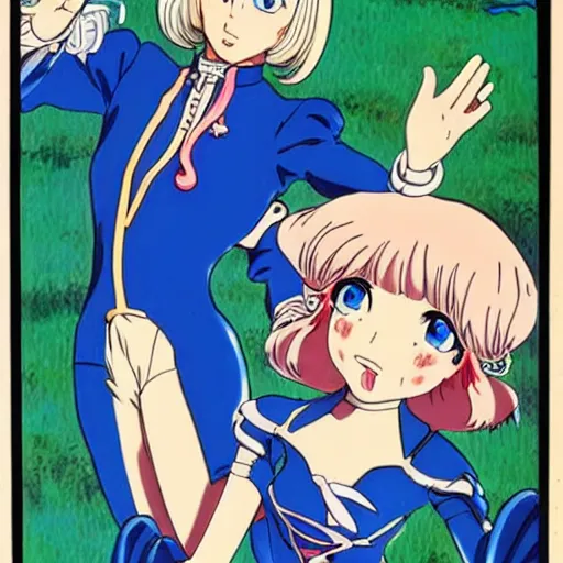 Prompt: Platinum-blonde-haired hime cut blue-eyed French empress, 1977 anime, retro anime style