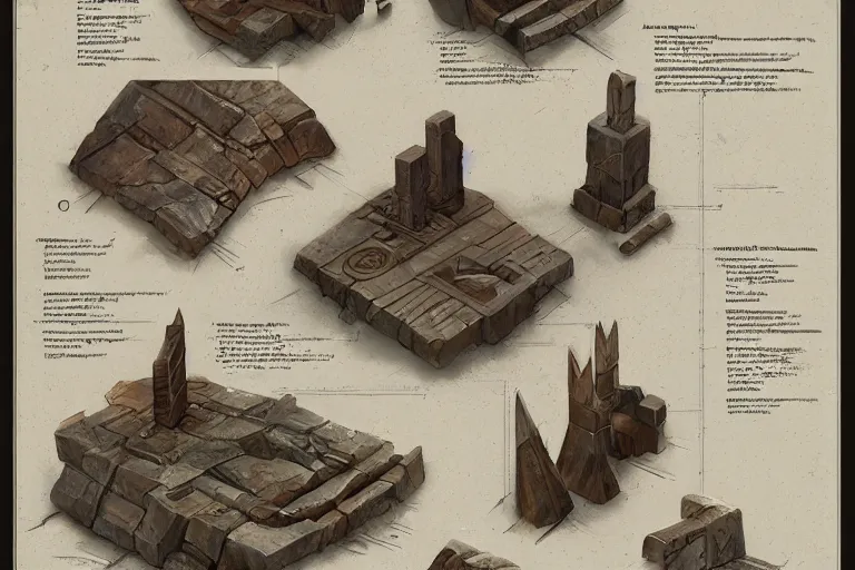 Image similar to schematic diagram of axes, dwarven, materials, built, book, page, detailed, cross section, trending on artstation, cgsociety, Ralph McQuarrie and Greg Rutkowski