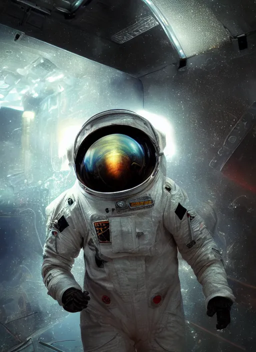 Image similar to complex poster art by craig mullins astronaut in futuristic dark and empty spaceship underwater. infrared glowing lights. complex and hyperdetailed technical suit. reflection and dispersion materials. rays and dispersion of light. volumetric light. 5 0 mm, f / 3 2. noise film photo. flash photography. unreal engine 4, octane render. interstellar movie poster