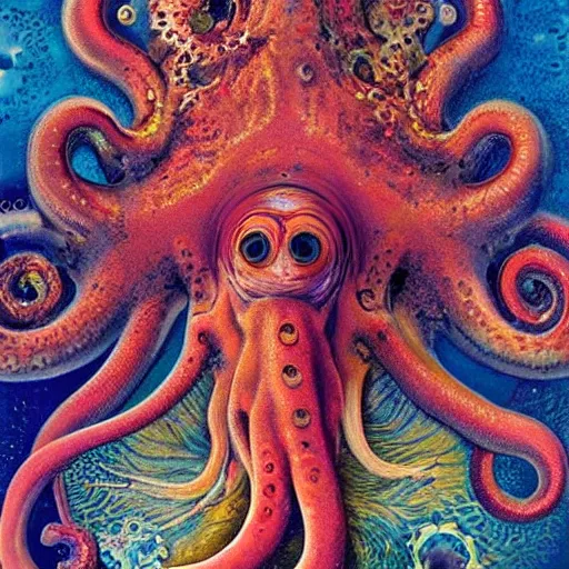 Image similar to fiery whimsical emotional eyes cephalopod, surreal painting by Ernst Haeckel, in a photorealistic macro photograph with shallow DOF, artstation
