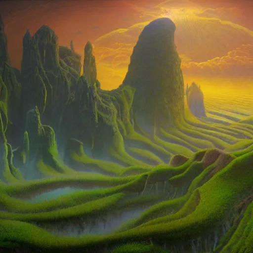 Prompt: a hyper realistic detailled matte painting of a world of verdant glens of amber fields, and oceans of black, during dawn, barometric projection, rectilinear, by jean giraud and john howe and james montgomery flagg featured on artstation, featured on behance, ultrawide angle.