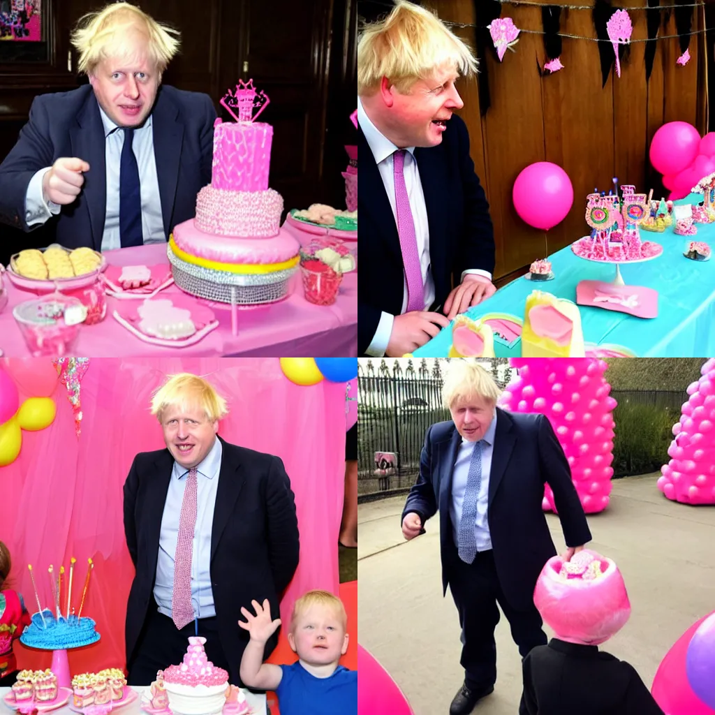 Prompt: boris johnson at a pink princess themed birthday party