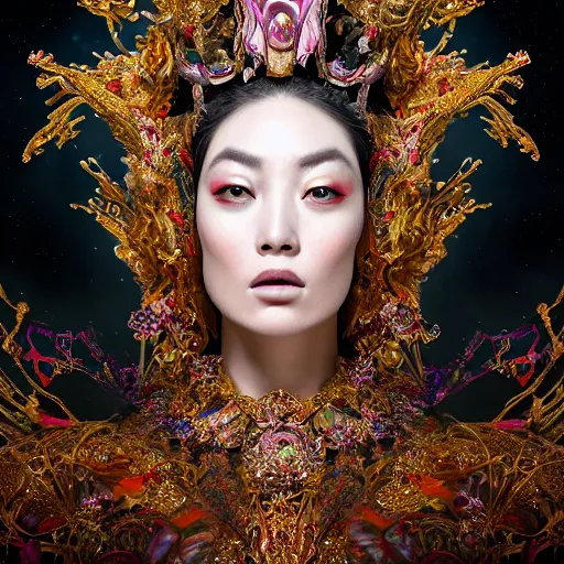 Image similar to a beautiful empress portrait, with a brilliant, impossible striking big cosmic galaxy headpiece, clothes entirely made out of cosmos chaos energy, symmetrical, dramatic studio lighting, rococo, baroque, jewels, asian, hyperrealism, closeup, D&D, fantasy, intricate, elegant, highly detailed, digital painting, artstation, octane render, 8k, concept art, matte, sharp focus, illustration, art by Artgerm and Greg Rutkowski and Alphonse Mucha