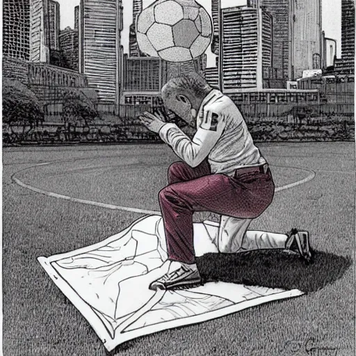 Image similar to a man on his knees crying, a soccer goal behind him, a soccer ball by his side. Epic portrait by james gurney and mœbius.