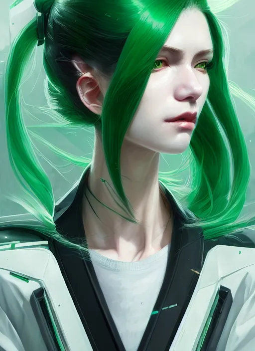 Prompt: close up portrait of a vampire, green and white techwear, flowing ponytail hair, tacticool, asymetrical, science fantasy, extremely detailed, holographic, smooth, digital illustration, by, kuvshinov ilya, james jean, by rossdraws, frank franzzeta, sakimichan, jeremy lipking