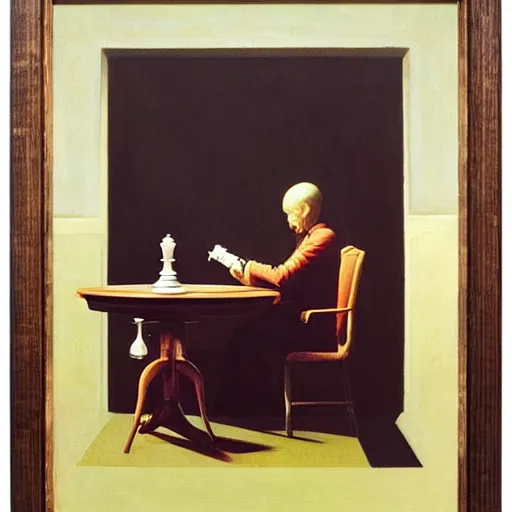 Prompt: Portrait of a British King playing chess, Edward Hopper and James Gilleard, Zdzislaw Beksinski, Mark Ryden, Wolfgang Lettl highly detailed, hints of Yayoi Kasuma