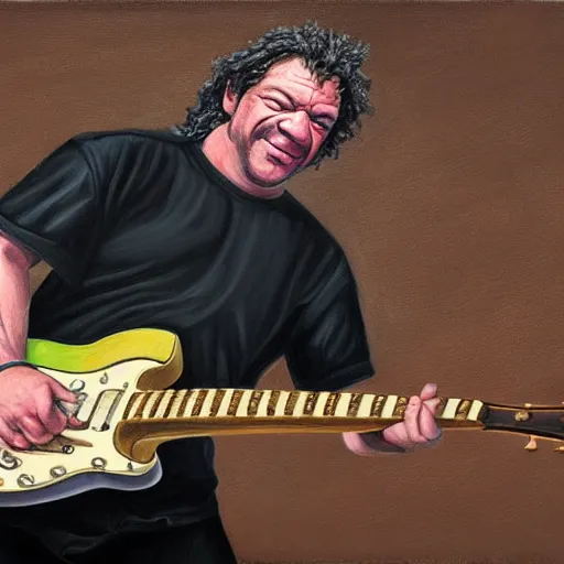 Image similar to Caricature portraits done of Dean Ween playing a guitar live on stage, realistic, hyperrealistic, very realistic, highly detailed, very detailed, extremely detailed, detailed, oil painting, digital art, trending on artstation