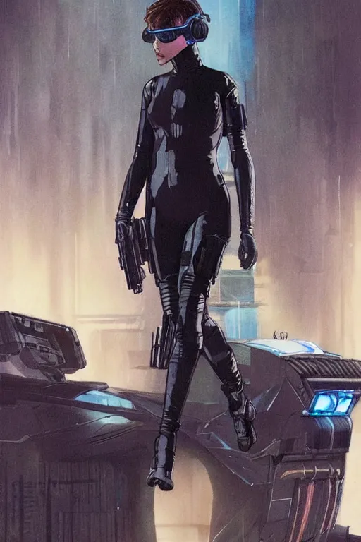 Image similar to selina. blackops spy in near future tactical gear, stealth suit, and cyberpunk headset. Blade Runner 2049. concept art by James Gurney and Mœbius.