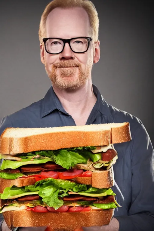 Prompt: 📷 portrait of adam savage the sandwich, food man, still image, dynamic lighting, 4 k