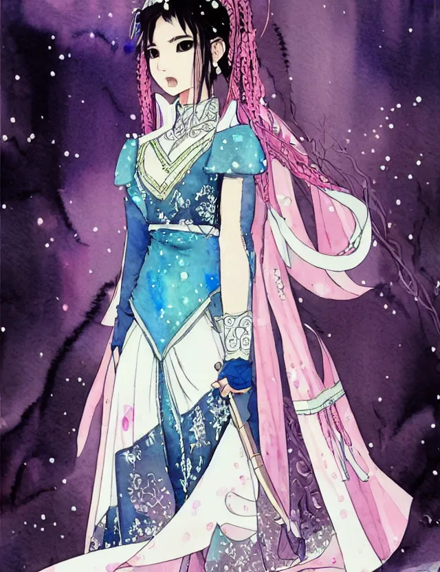 Prompt: southeast asian princess of the snowy mountains, wearing a lovely dress with cyberpunk elements. this watercolor painting by the award - winning mangaka has an interesting color scheme, plenty of details and impeccable lighting.