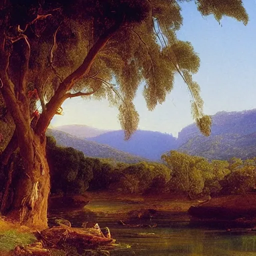 Prompt: a beautiful oil painting of a blue gum tree next to a river, thomas cole - h 7 0 4