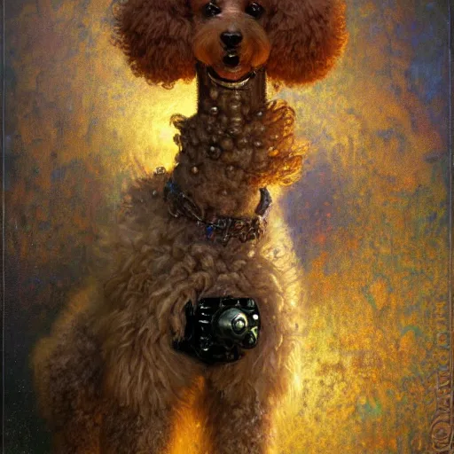 Image similar to portrait of a male furry poodle dog in jeans. shadowrun furaffiniy cyberpunk fantasy highly detailed painting by gaston bussiere craig mullins jc leyendecker gustav klimt artgerm greg rutkowski john berkey, bergey, craig mullins, ruan jia, raymond swanland, jeremy mann, tom lovell, alex malveda