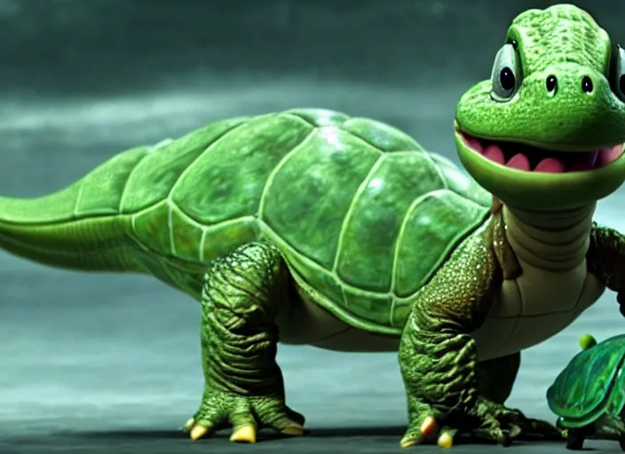 Image similar to film still of yoshi in the new sci - fi movie, cute upright standing upright upright dinosaur standing on its hind legs with a small turtle shell and long tongue, 8 k