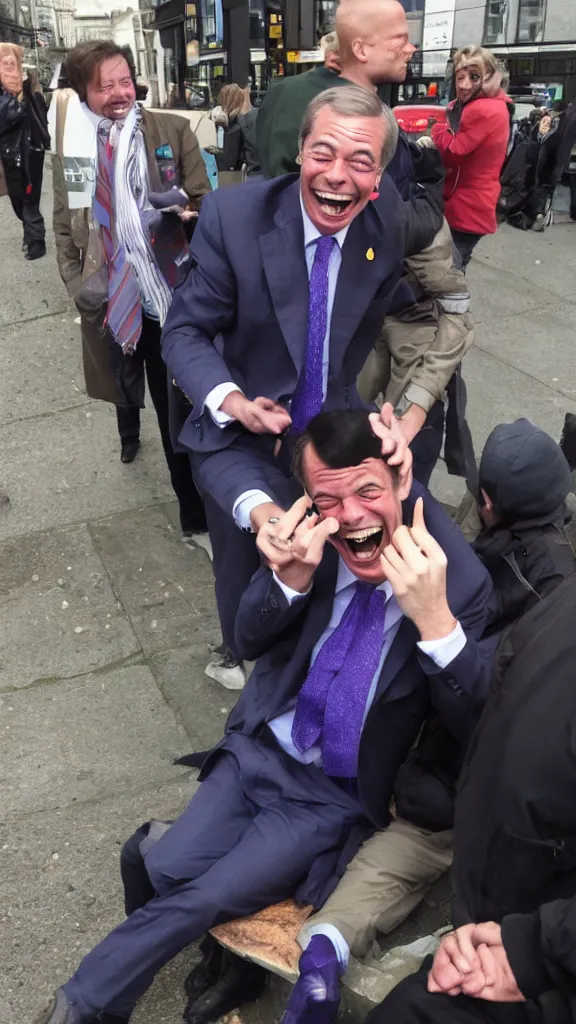 Prompt: nigel farage laughing maniacally at homeless person